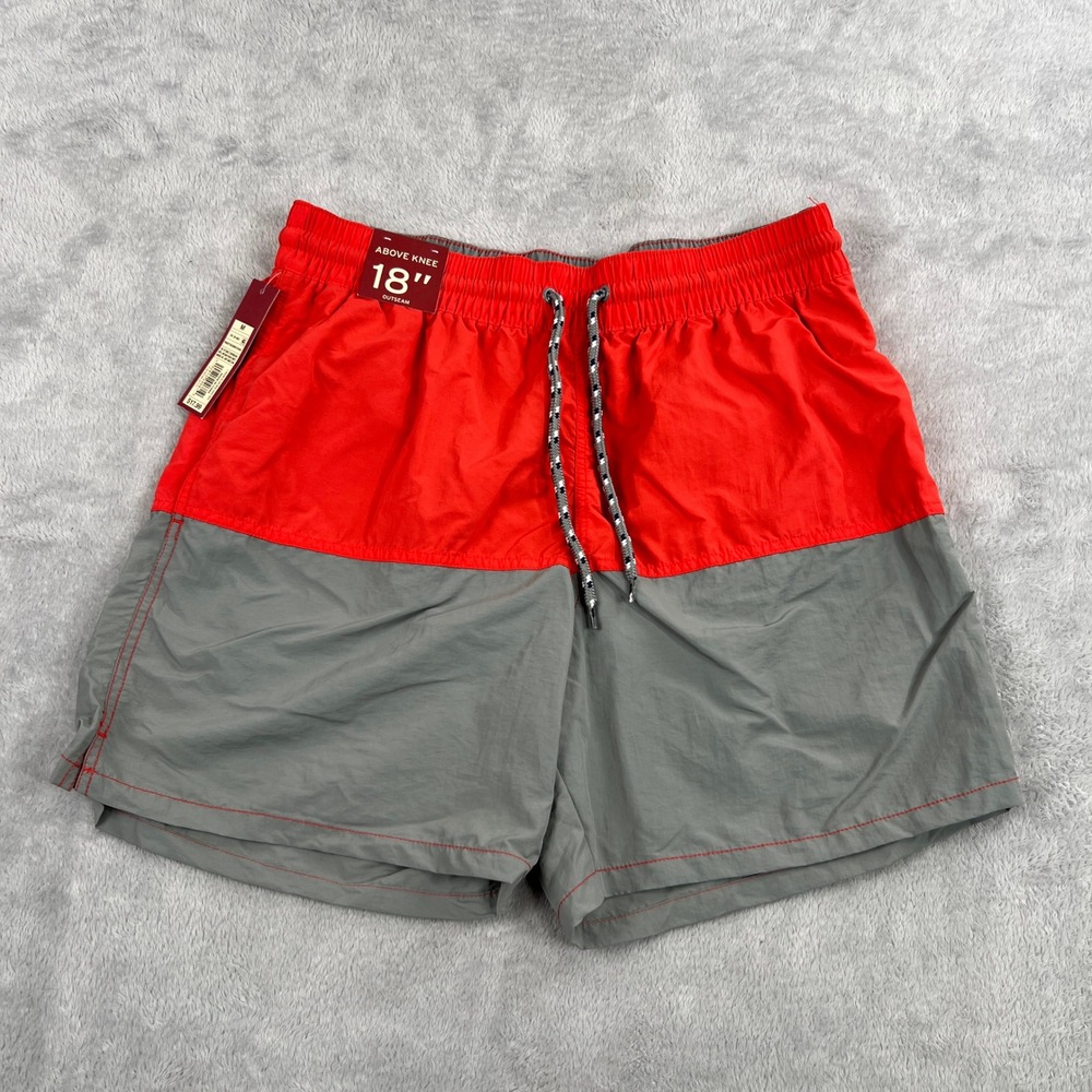 Merona Colorblock Swim Trunks M Red Grey Men Above Knee Board Shorts 18" Outseam